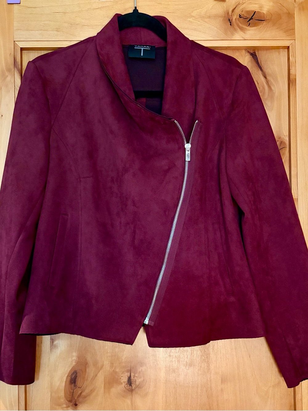 T Tahari Burgundy Asymmetrical Zip Suede-Effect Jacket